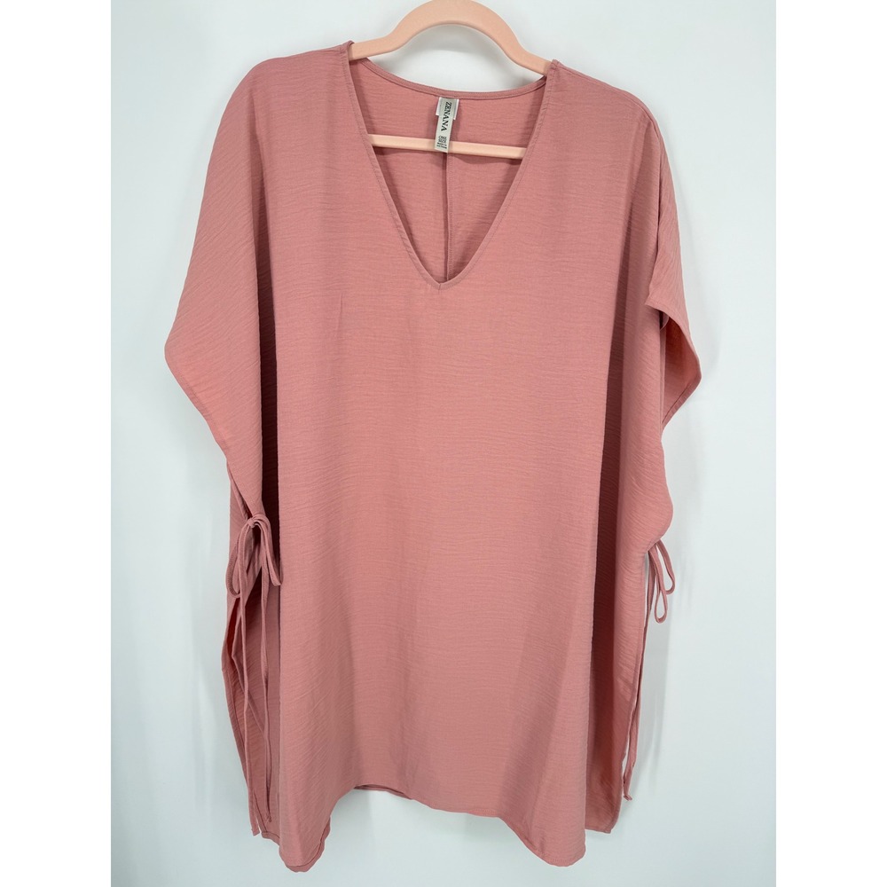 Zenana Kaftan Top Women OS Rose V-Neck Side Tie Crepe Tunic Minimalist Boho